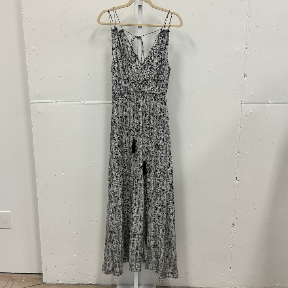 Elan Black White Animal Print Tassel Maxi‎ Dress Small V-Neck Strappy Back Slit